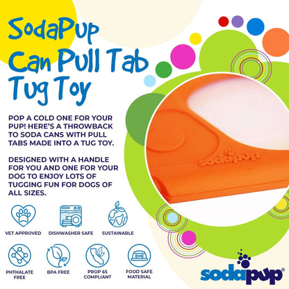 SodaPup orange pop top rubber tug toy with pull tab design and eco-friendly icons