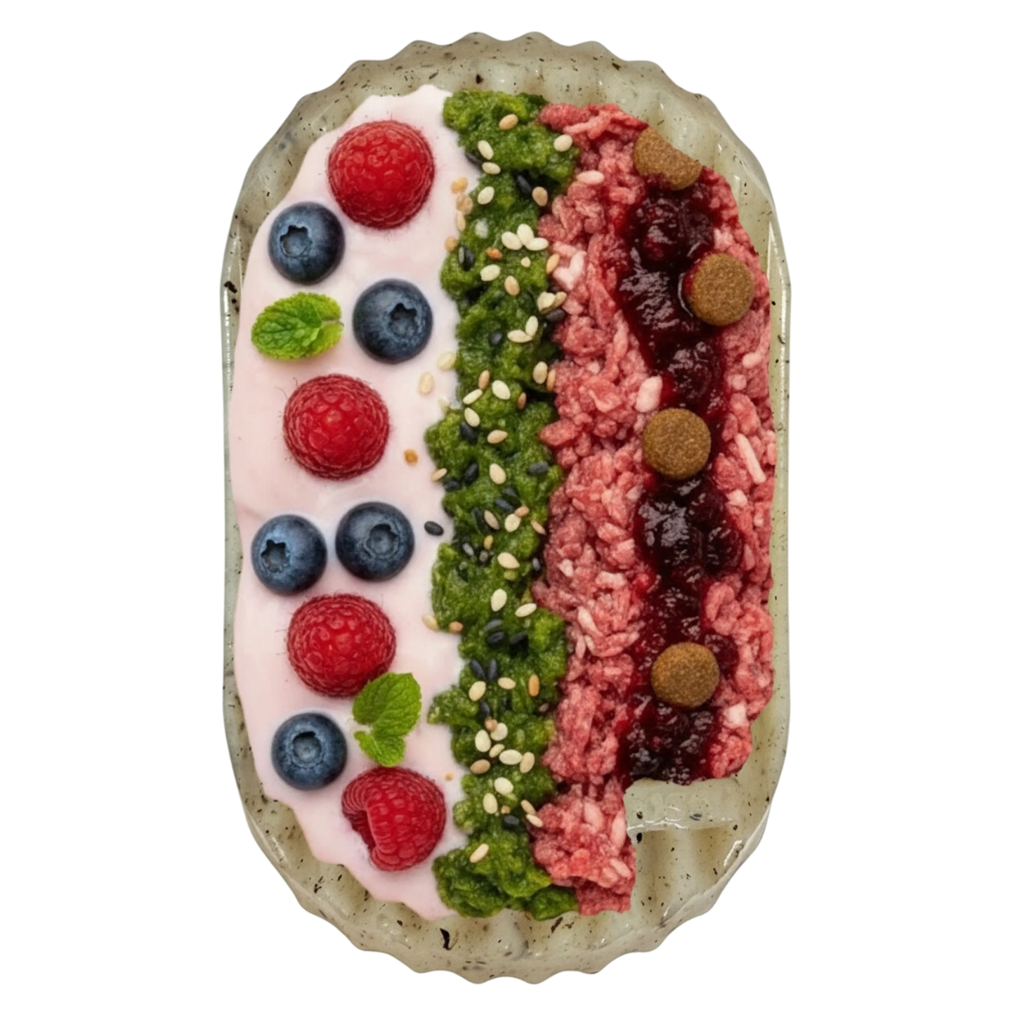 Potato chip shaped puzzle feeder filled with yogurt and berries