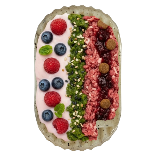 Potato chip shaped puzzle feeder filled with yogurt and berries