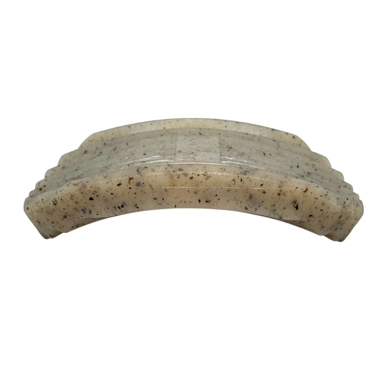 Bottom view of curved ridged nylon potato chip dog toy