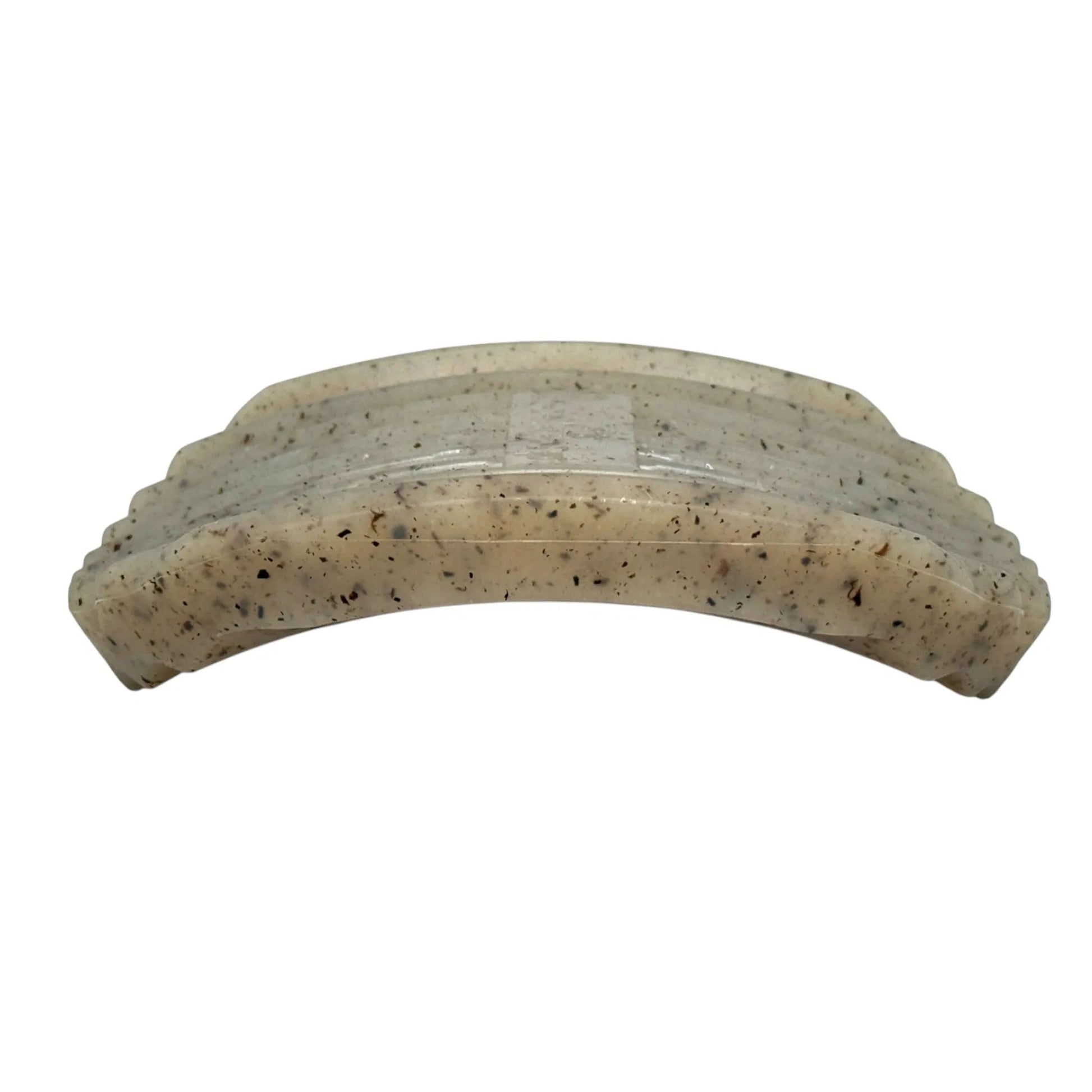 Bottom view of curved ridged nylon potato chip dog toy