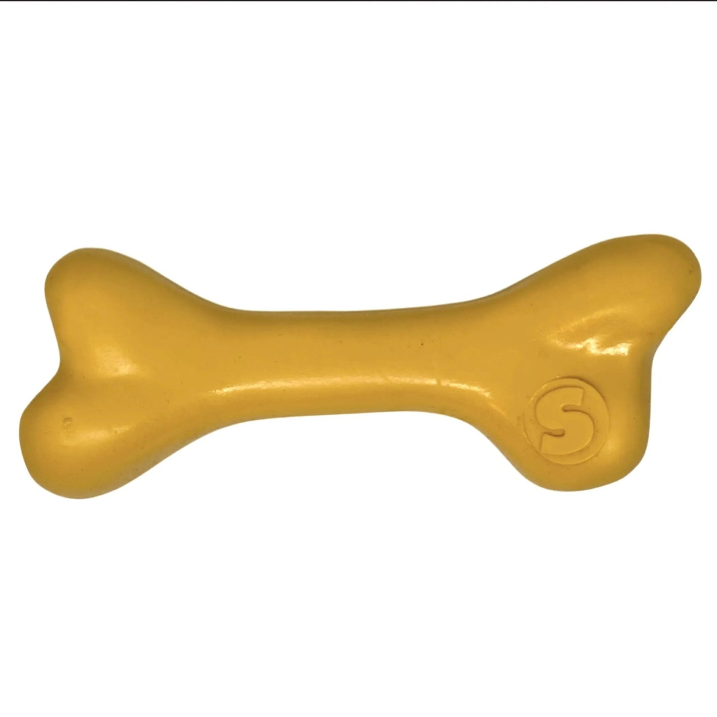 Mustard yellow SodaPup PUP-X floating rubber bone with embossed logo