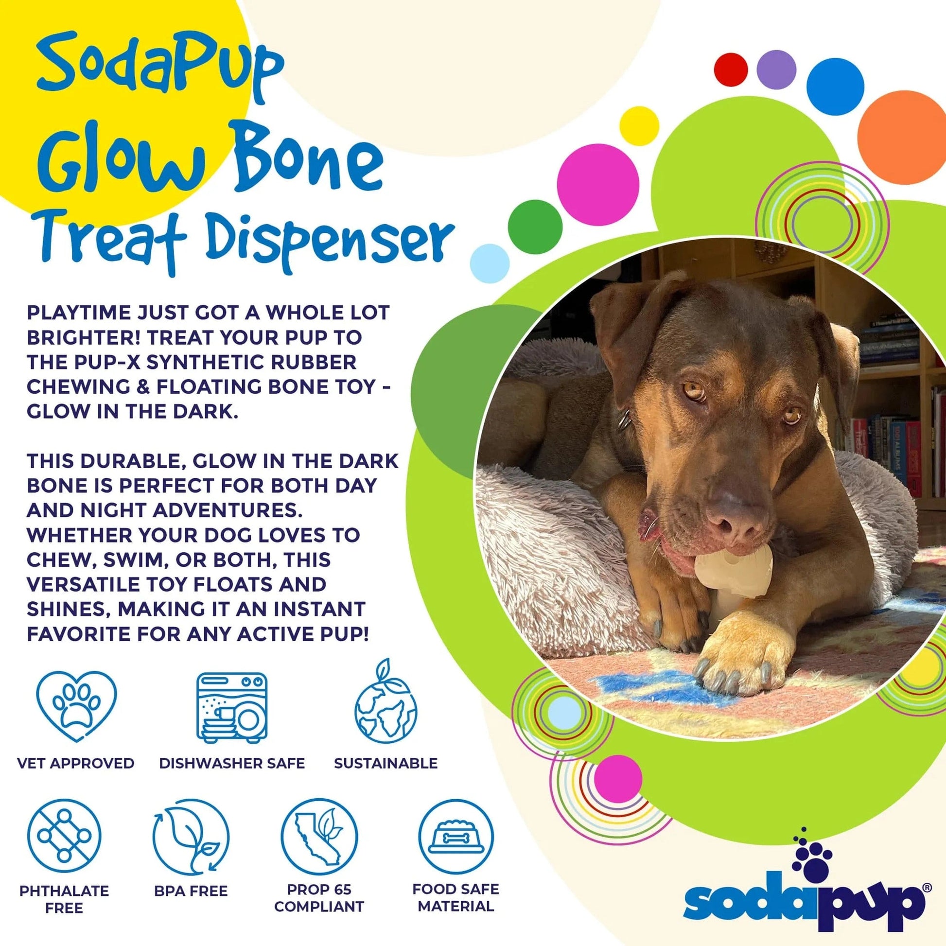 SodaPup glow bone treat dispenser graphic showing vet approved features