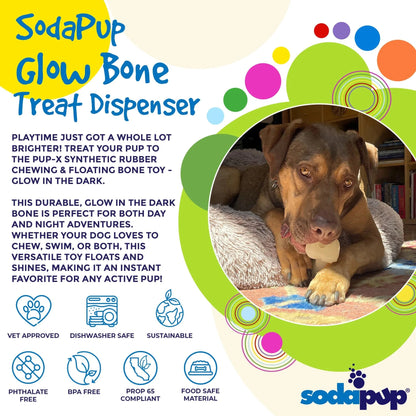 SodaPup glow bone treat dispenser graphic showing vet approved features