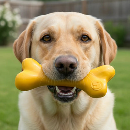Labrador Retriever chewing yellow glow-in-the-dark rubber bone outdoors