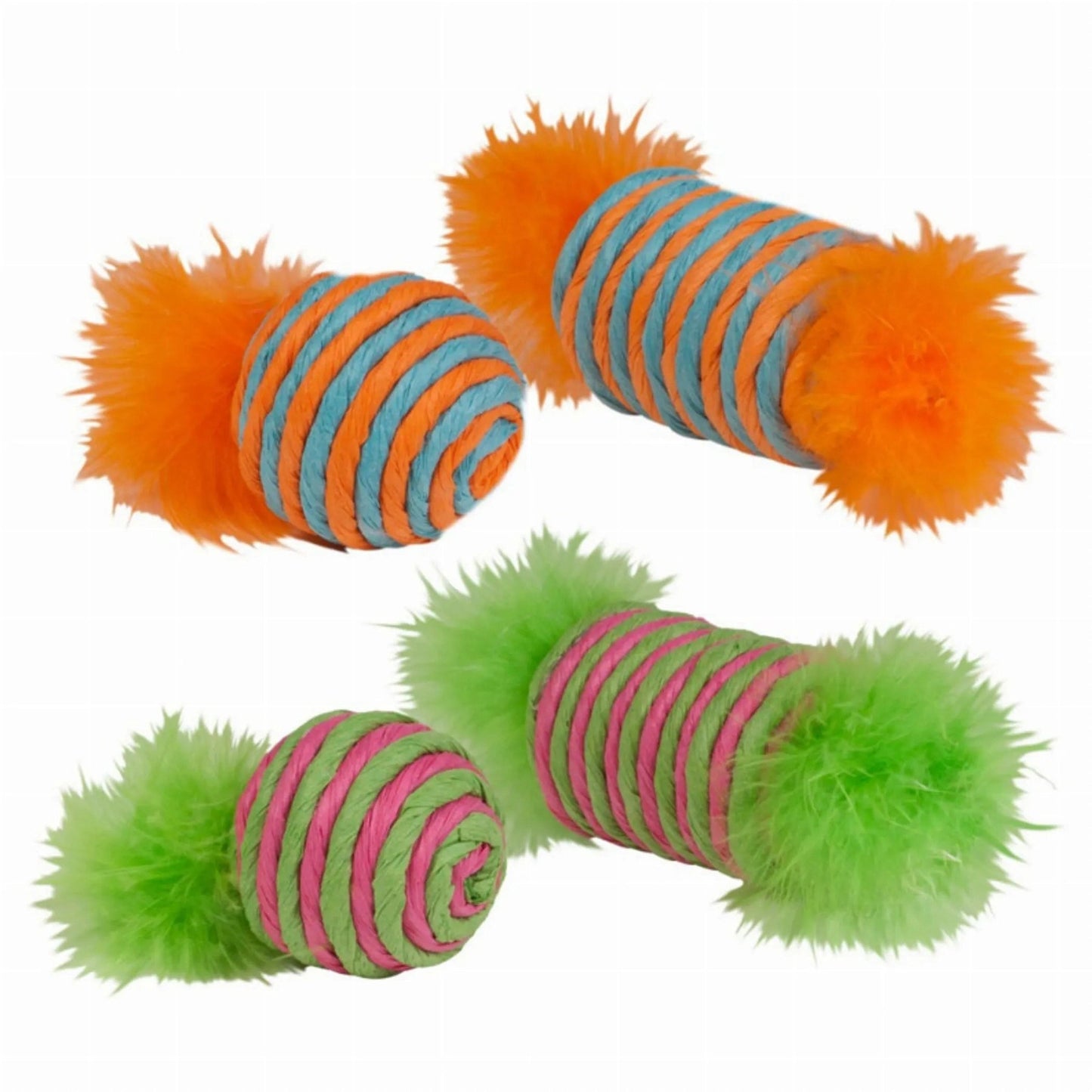 Kylie's Brights Raffia Spool & Ball With Feather 2Pk in orange-blue and green-pink striped pet fetch toys
