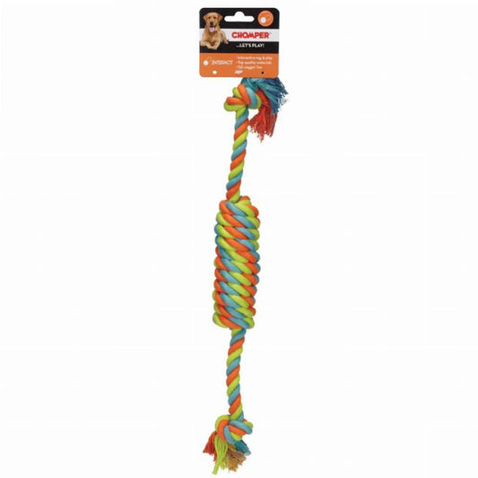 Chomper multi-colored rope tug toy with braided cotton and knotted tassels for dog mental enrichment