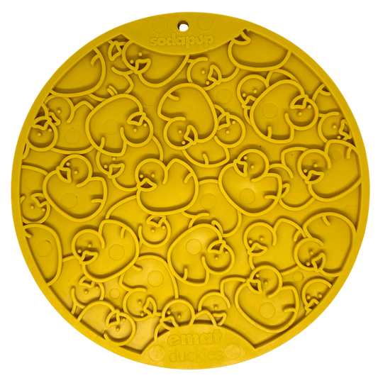 Yellow SodaPup rubber duckies suction lick mat top view