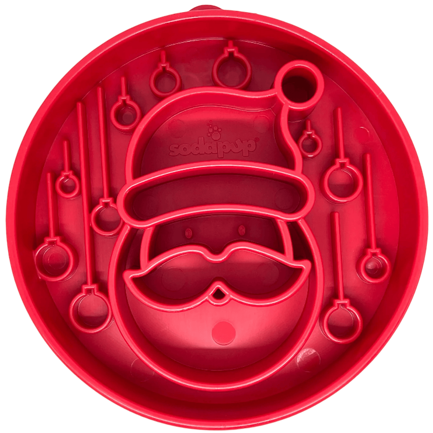 Top-down view of red circular Santa design slow feeder bowl with ornament barriers