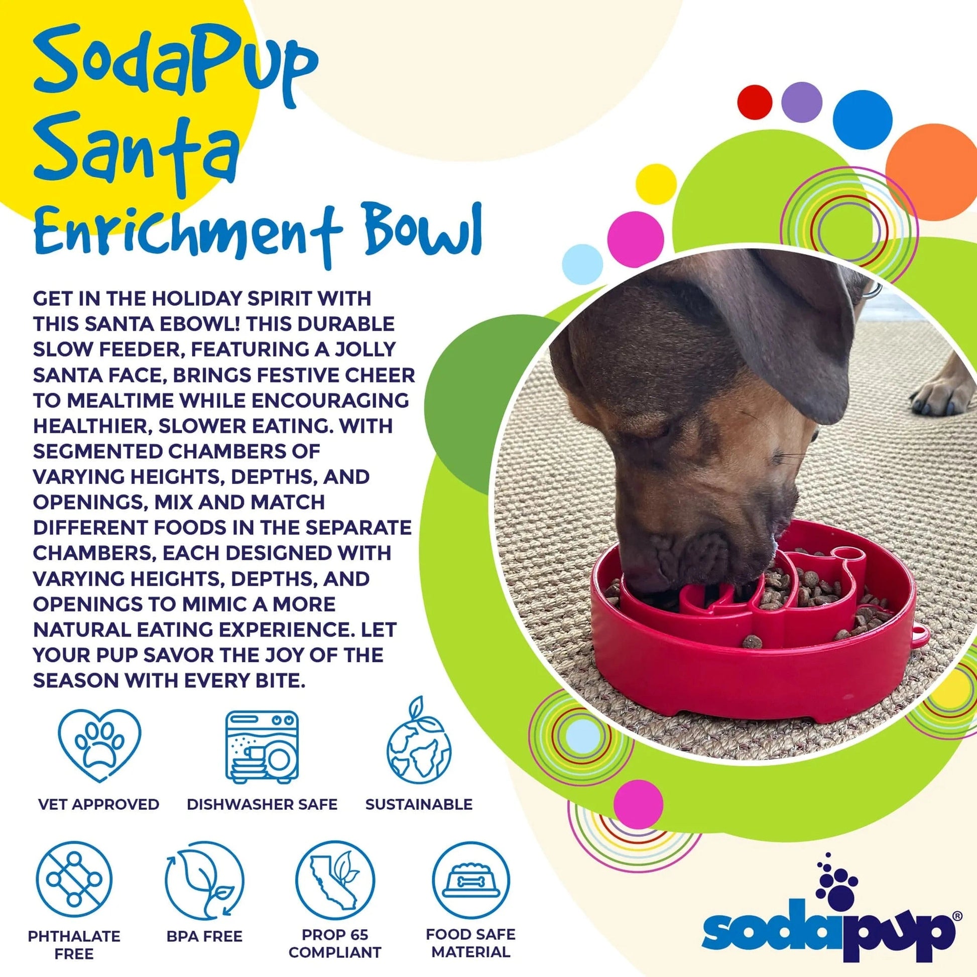 Red Santa enrichment slow feeder bowl with kibble and vet approved icons