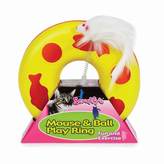 Scruffys Mouse Ball Play Ring with attached white plush mouse toy on display stand