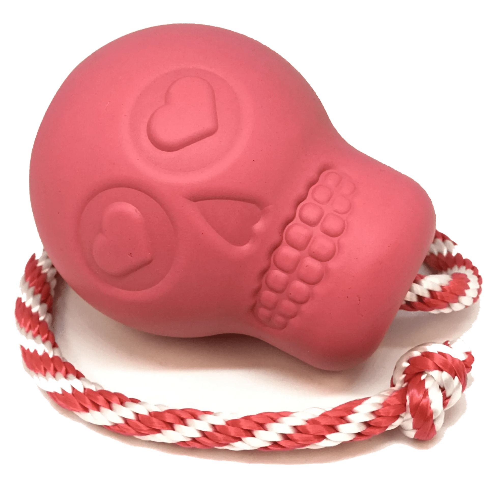 Pink SodaPup Magnum Skull tough rubber dog chew toy with rope handle