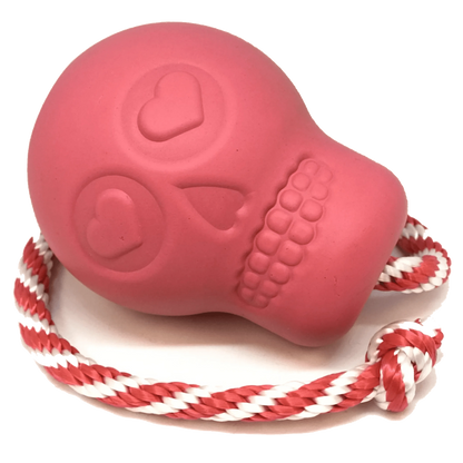 Pink SodaPup Magnum Skull tough rubber dog chew toy with rope handle