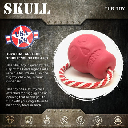 Pink natural rubber skull dog toy features BPA free dishwasher safe