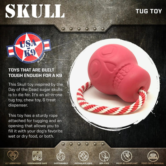 Pink SodaPup Magnum Skull tough rubber dog chew toy with rope handle