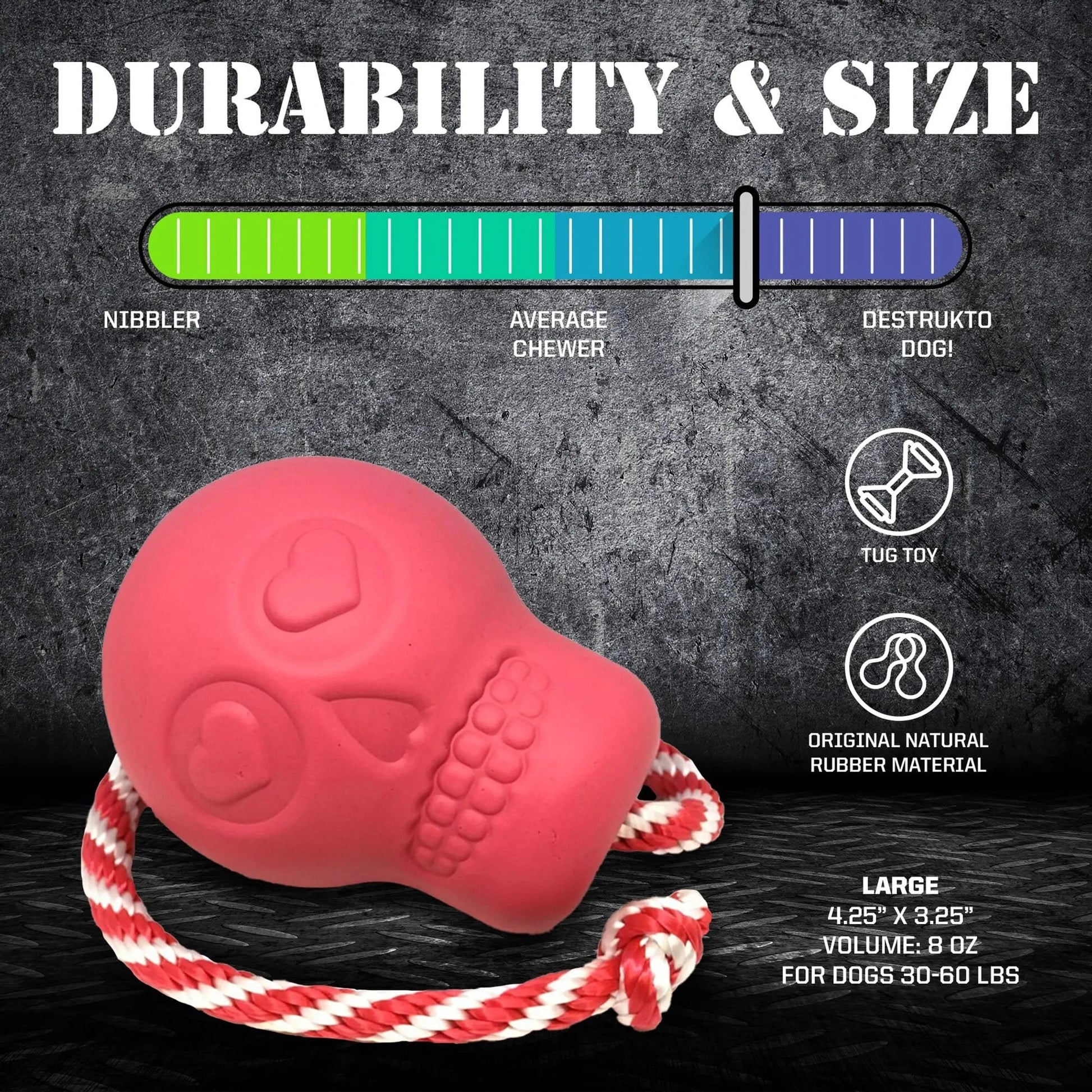 Large pink skull dog chew toy size chart for heavy chewers 30-60 lbs