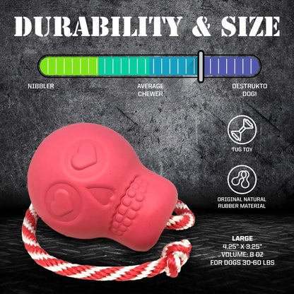 Large pink skull dog chew toy size chart for heavy chewers 30-60 lbs