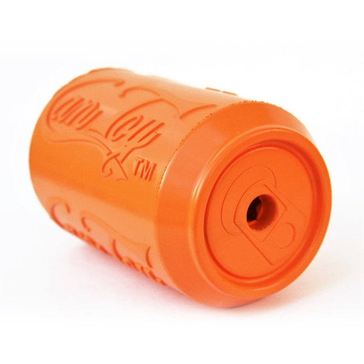 Orange cylindrical dog toy with textured surface on a white background