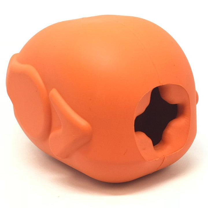 Orange natural rubber turkey chew toy with treat cavity
