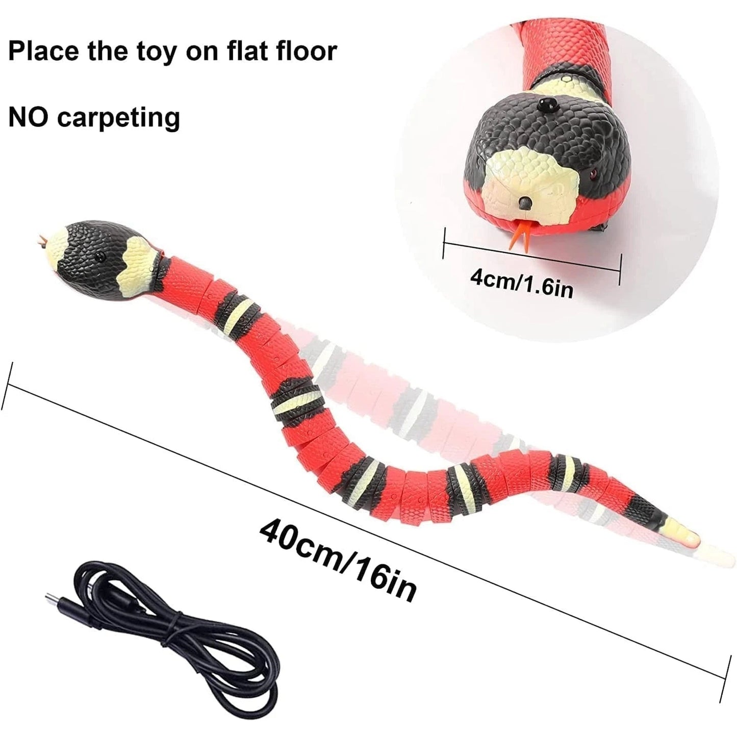Coiled 40cm red robotic snake toy with USB cable on flat floor