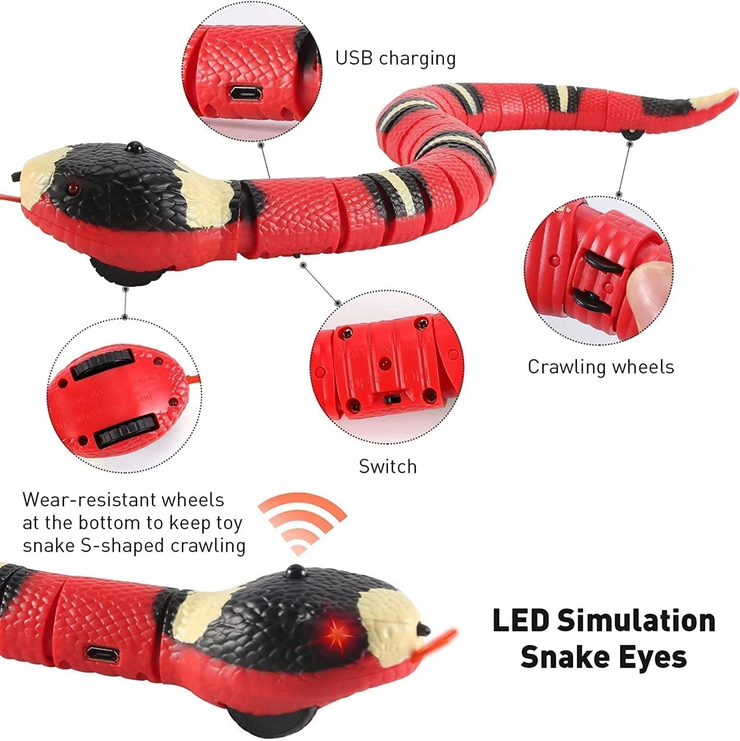 Robotic snake with USB charging port and crawling wheel mechanism