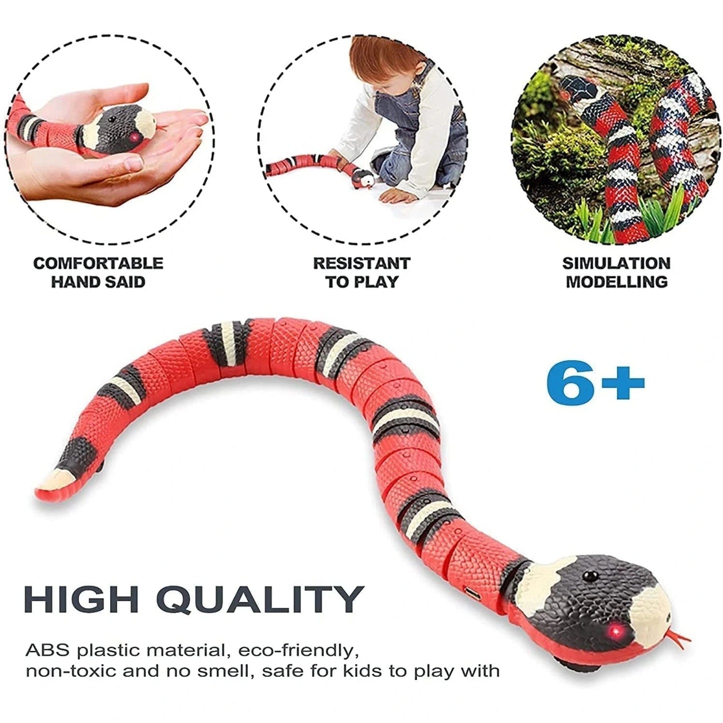 Red black and white segmented robotic snake toy with LED eyes for kids