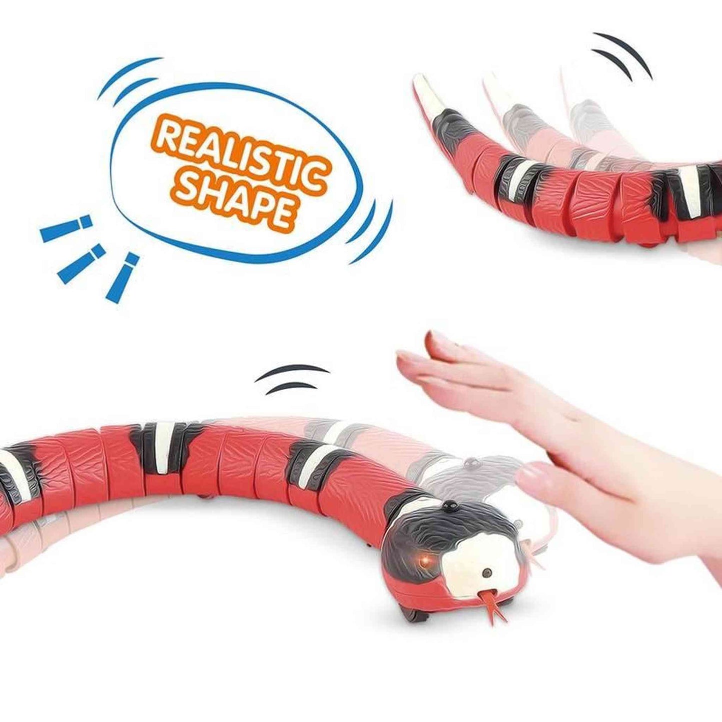 Moving red robotic snake toy with realistic shape and motion blur