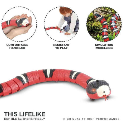 S-curve red robotic snake toy showing hands-on grip and child play use