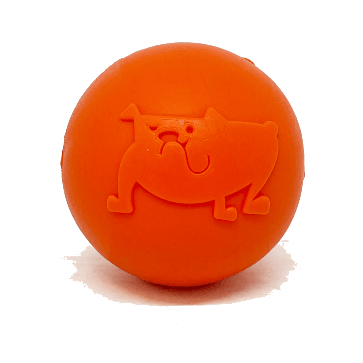 Orange embossed dog face rubber chew ball on white background