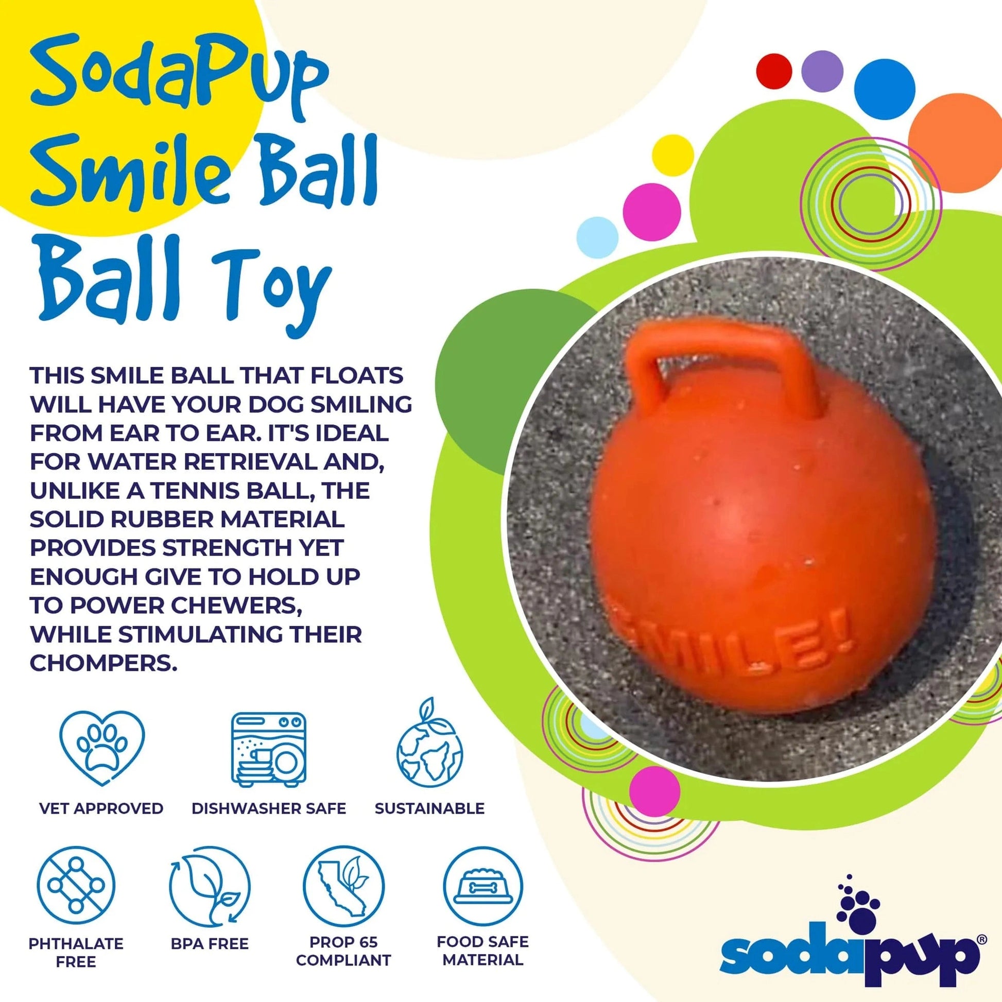 SodaPup Orange Smile Ball rubber chew toy for power dogs