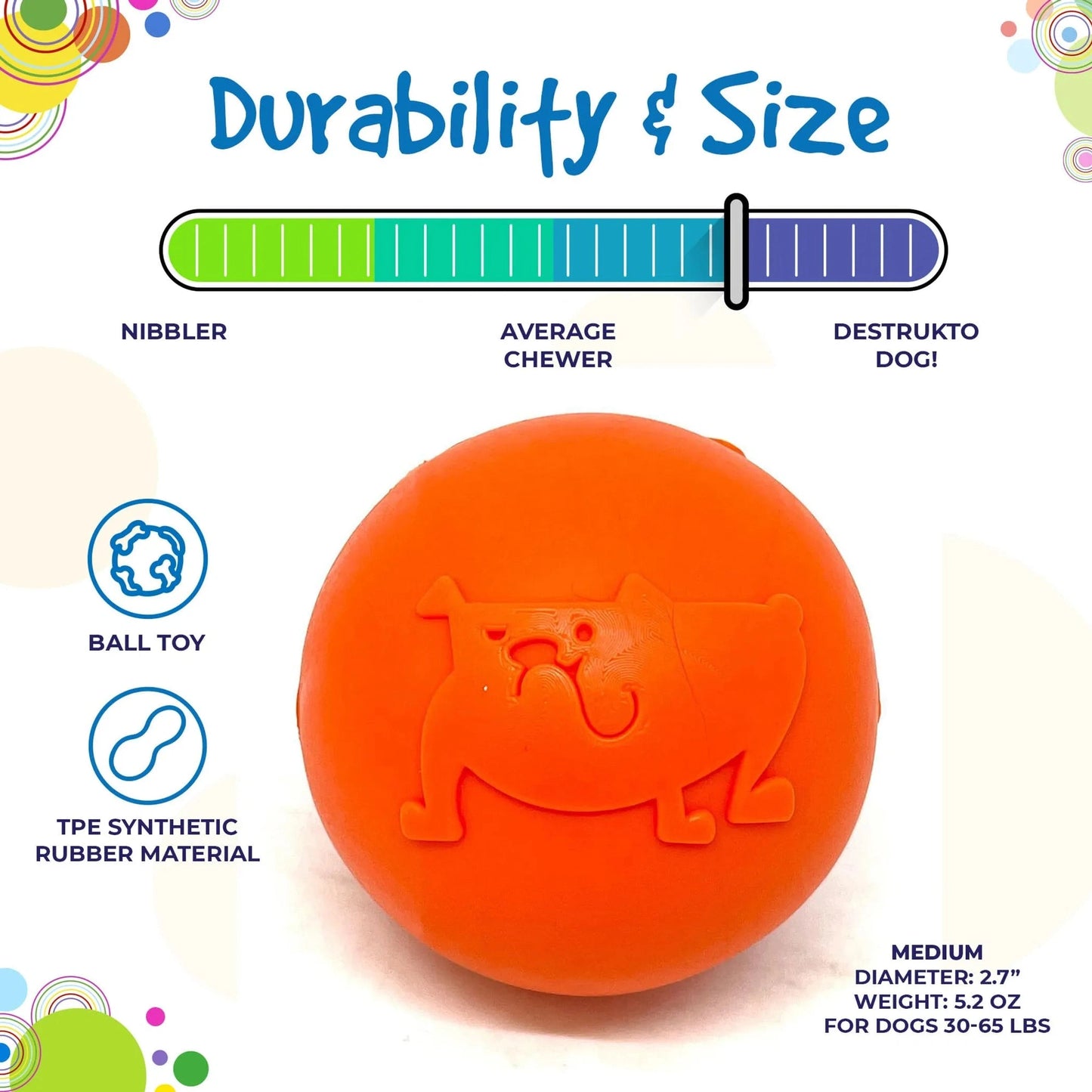 Orange TPE synthetic rubber dog ball for heavy chewers 2.7 inch
