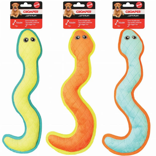 Chomper Snake Pet Toy set in yellow, orange, and blue with quilted fabric texture and durable packaging