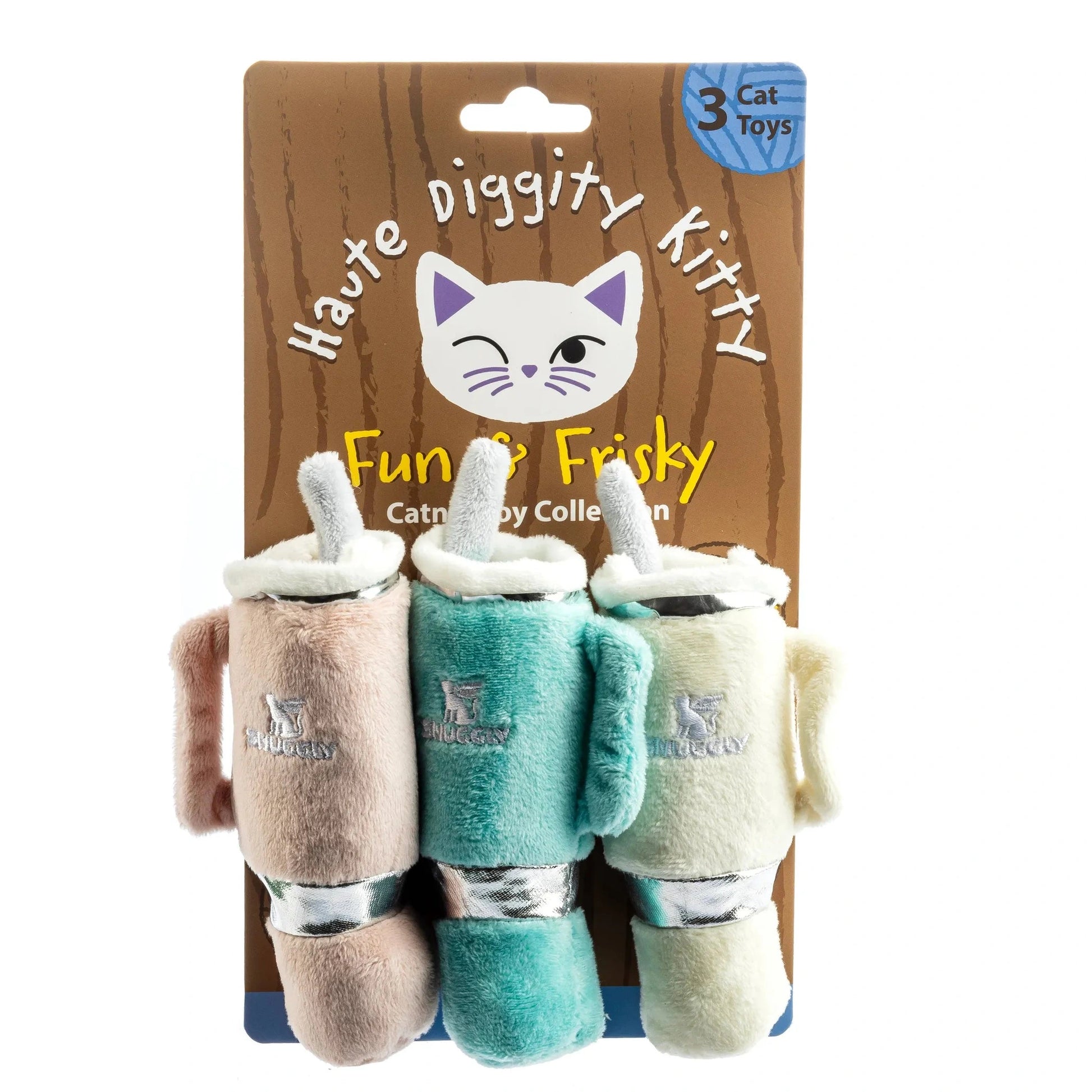 Haute Diggity Dog Snuggly Cup organic catnip toys in beige teal and cream with plush mugs on packaging