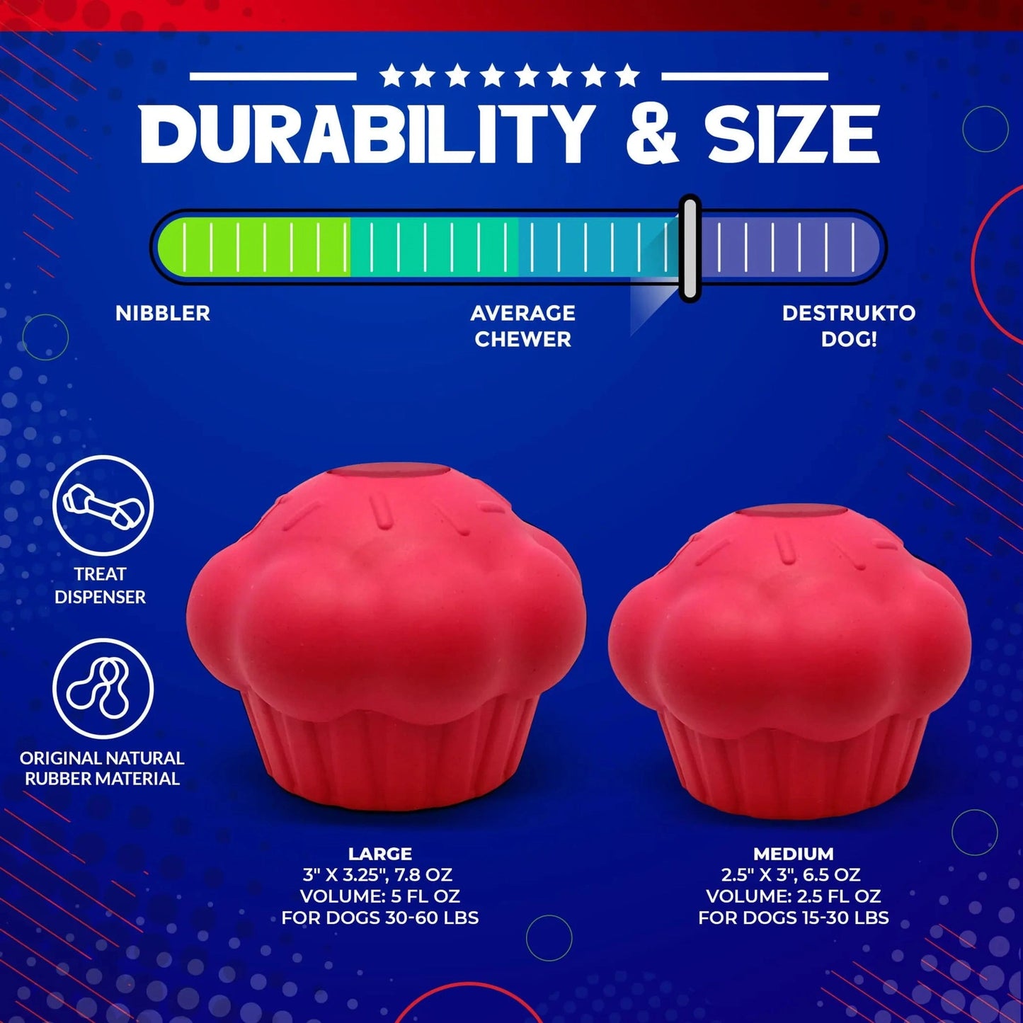 Medium and large pink cupcake dog chew toys size guide