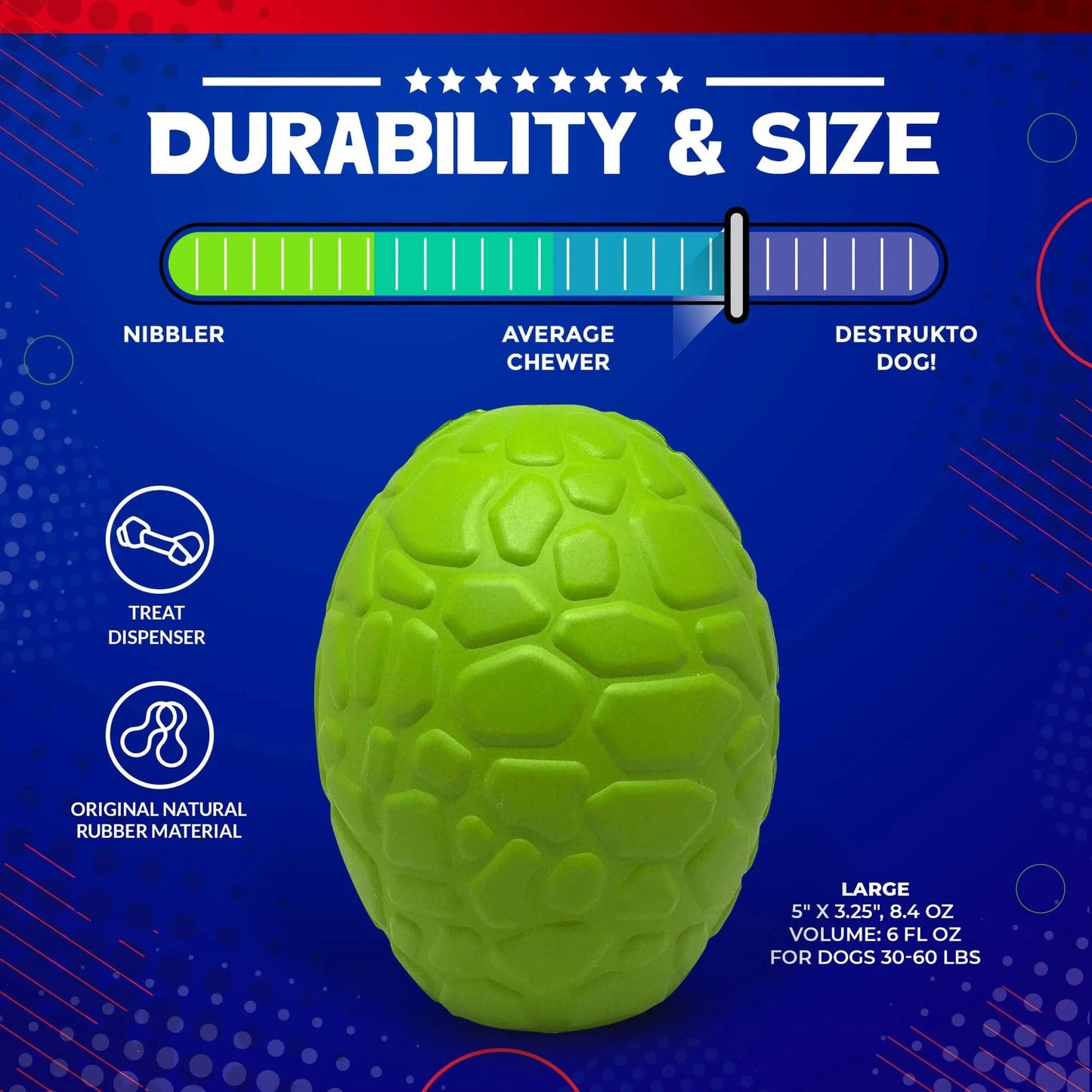 Large green natural rubber dinosaur egg for dogs 30-60 lbs