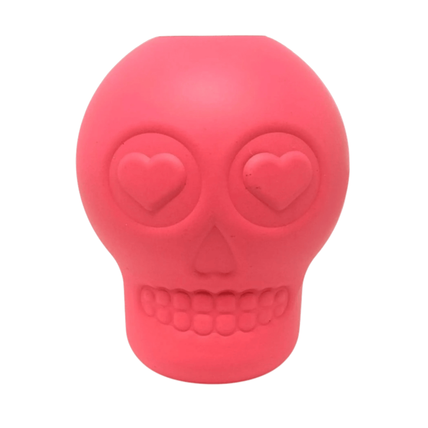 Pink sugar skull dog chew toy with treat cavity and heart eyes