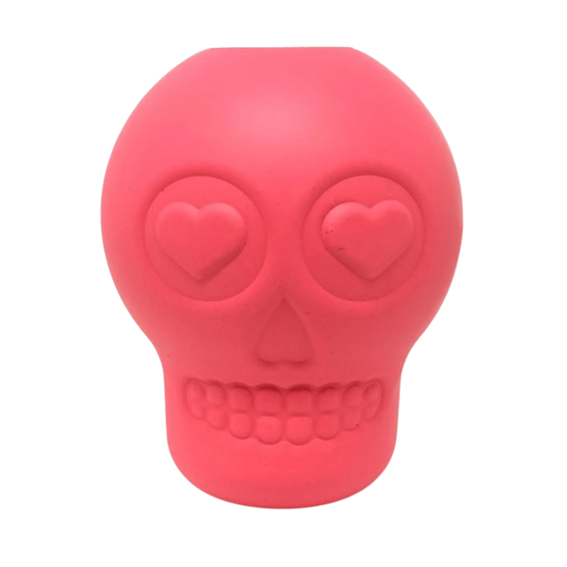 Pink sugar skull dog chew toy with treat cavity and heart eyes