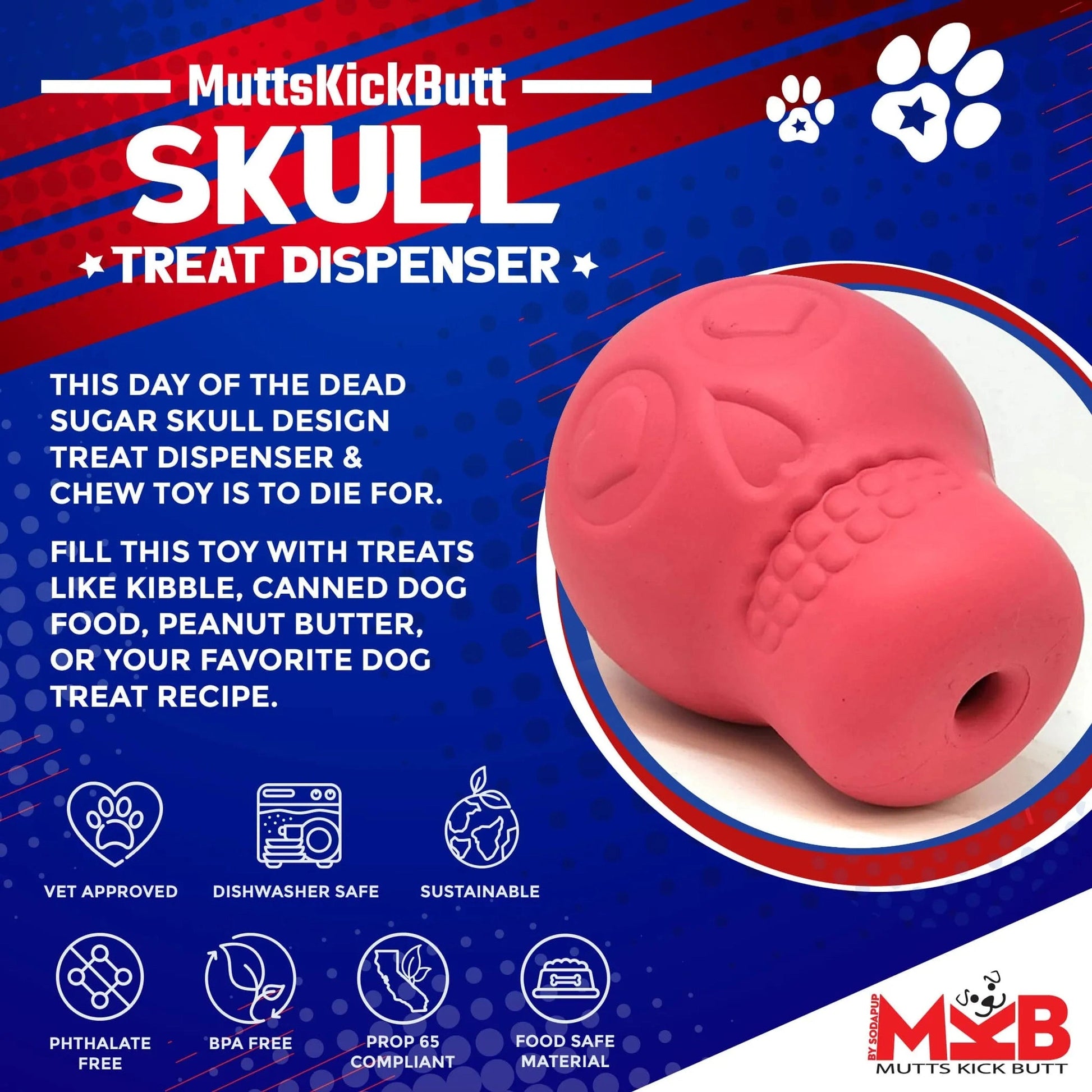 Pink sugar skull treat dispenser chew toy for heavy chewers