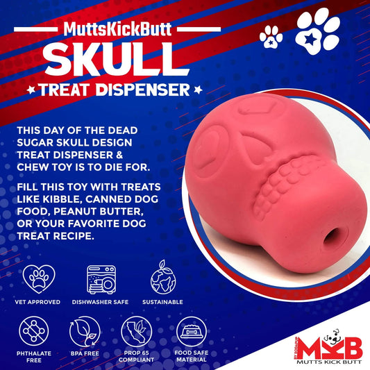 Pink sugar skull dog chew toy with treat cavity and heart eyes