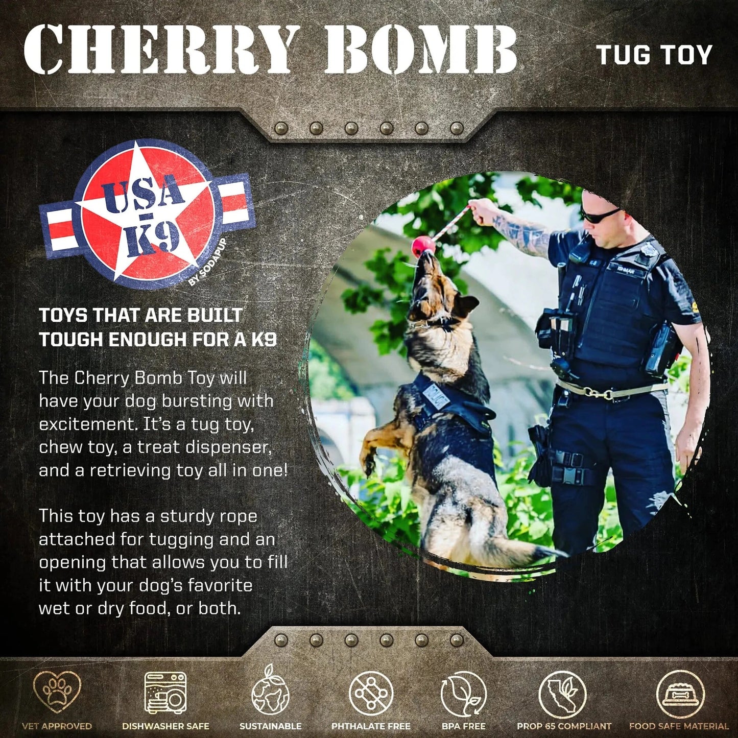 German Shepherd jumping for red USA K9 tug toy with rope