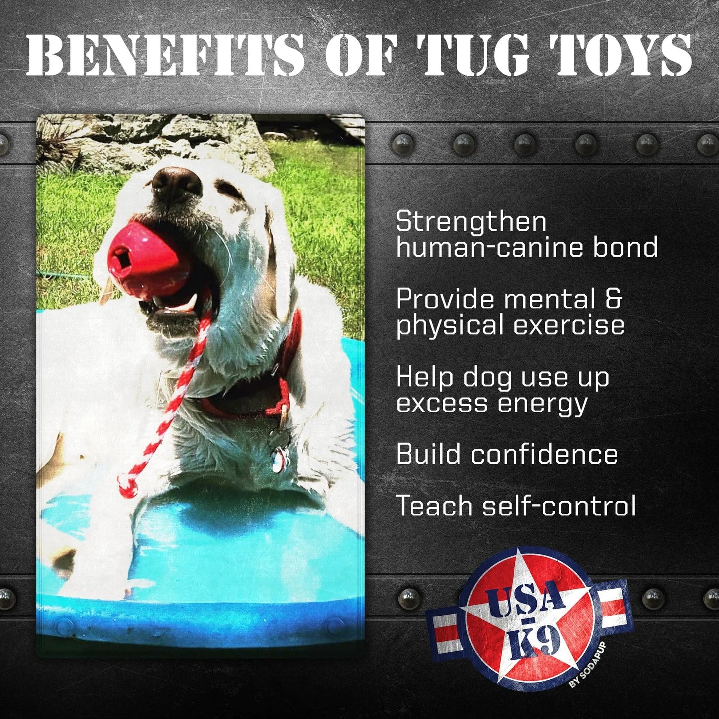 Red Cherry Bomb tug toy with rope for heavy chewers and K9 training