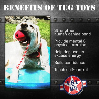 Red Cherry Bomb tug toy with rope for heavy chewers and K9 training