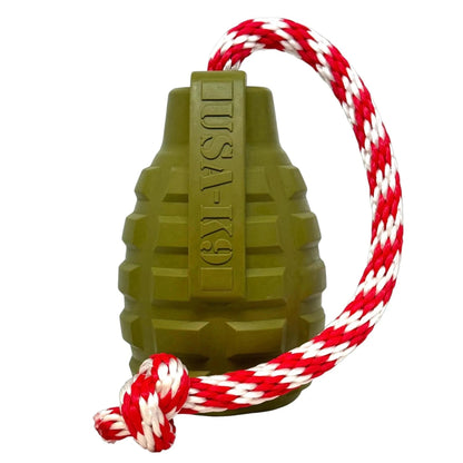 Olive green rubber grenade dog toy with braided rope attachment