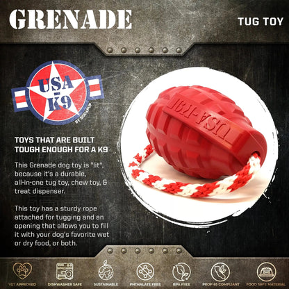 Red USA-K9 Grenade tug toy with rope for heavy chewers