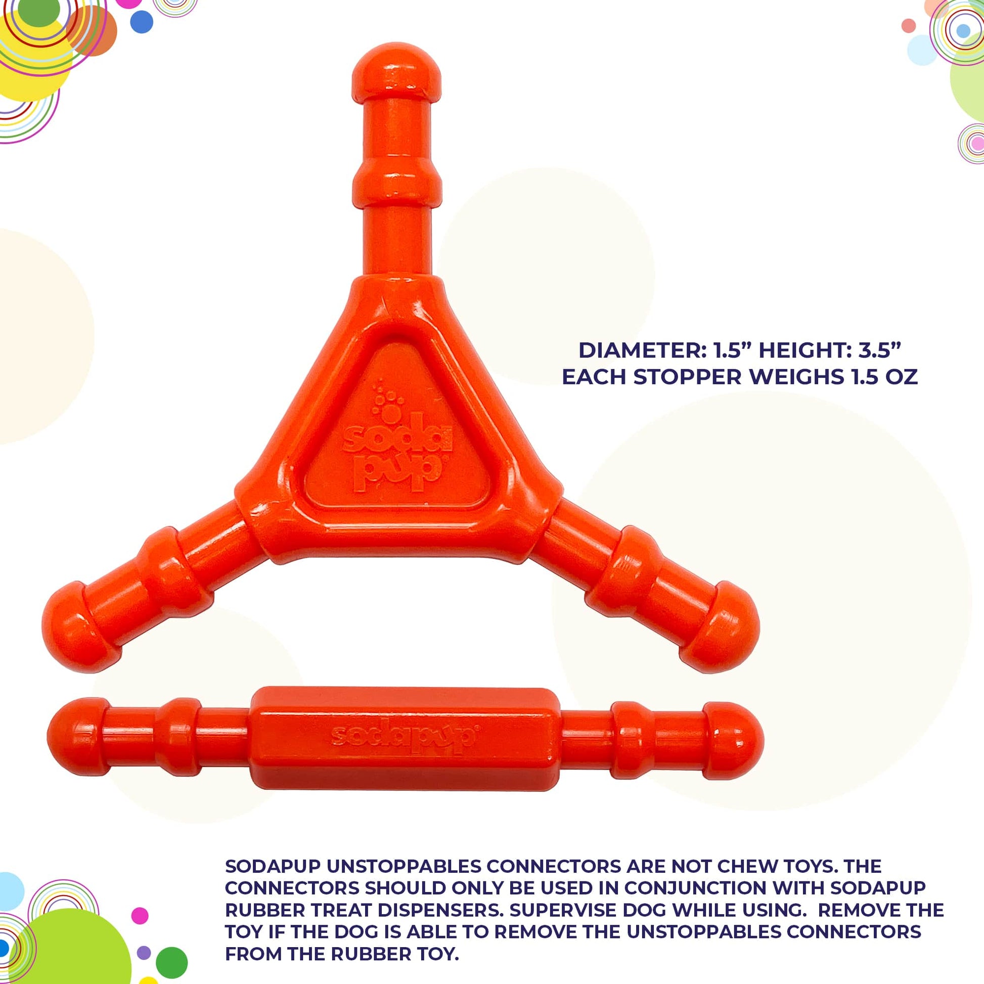 Orange SodaPup Y-shaped connector with dimensions and logo on white background