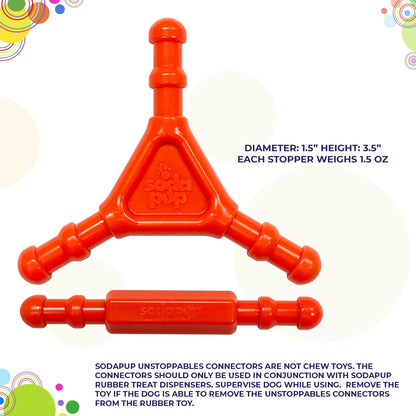Orange SodaPup Y-shaped connector with dimensions and logo on white background