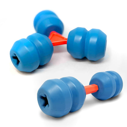 Three blue and orange plastic Y-shaped connectors for linking dog treat dispensers