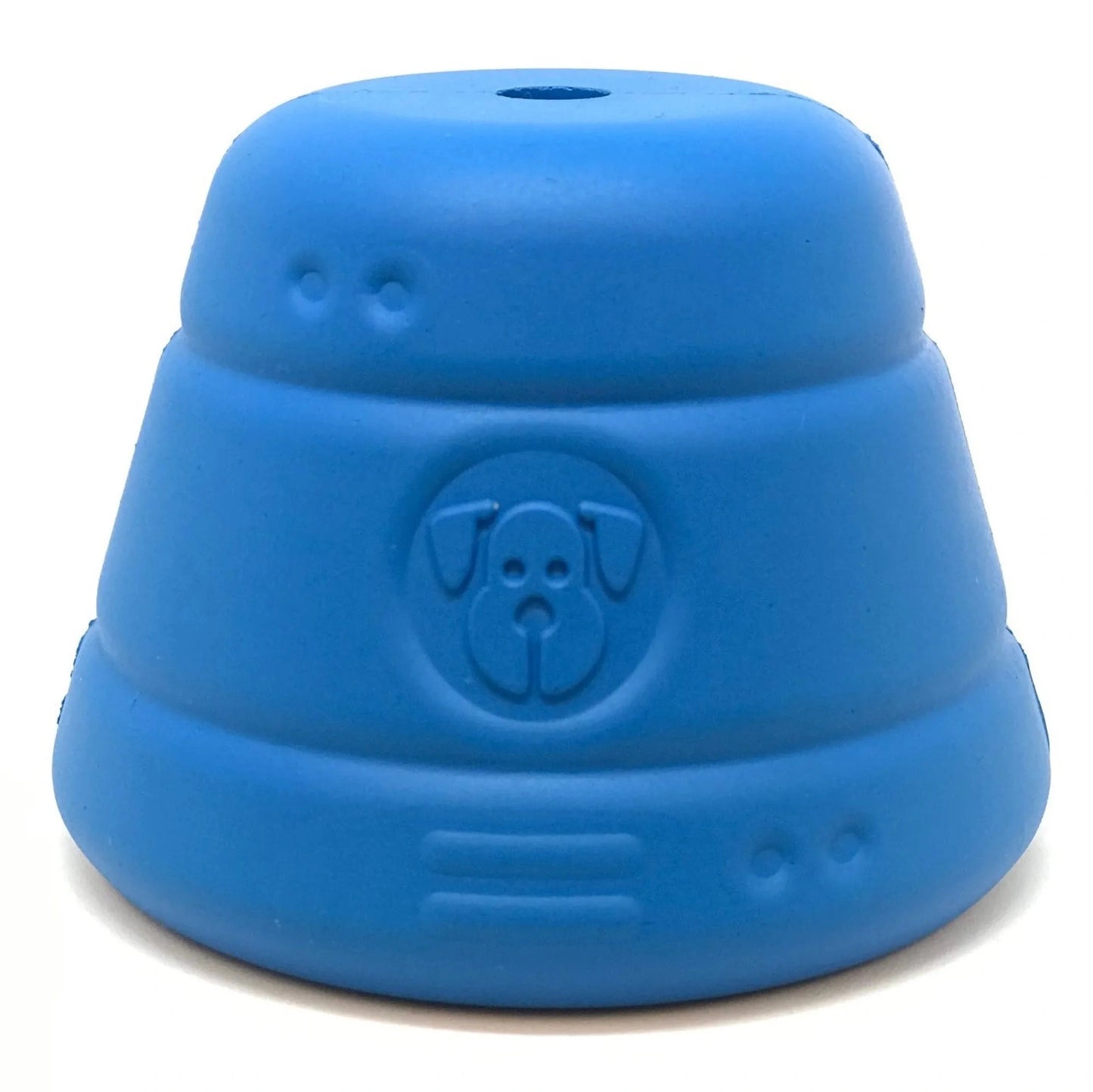 Front view of blue tiered SodaPup Space Capsule rubber dog chew toy with ridges