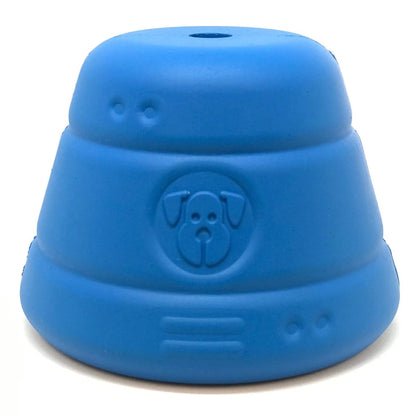 Front view of blue tiered SodaPup Space Capsule rubber dog chew toy with ridges