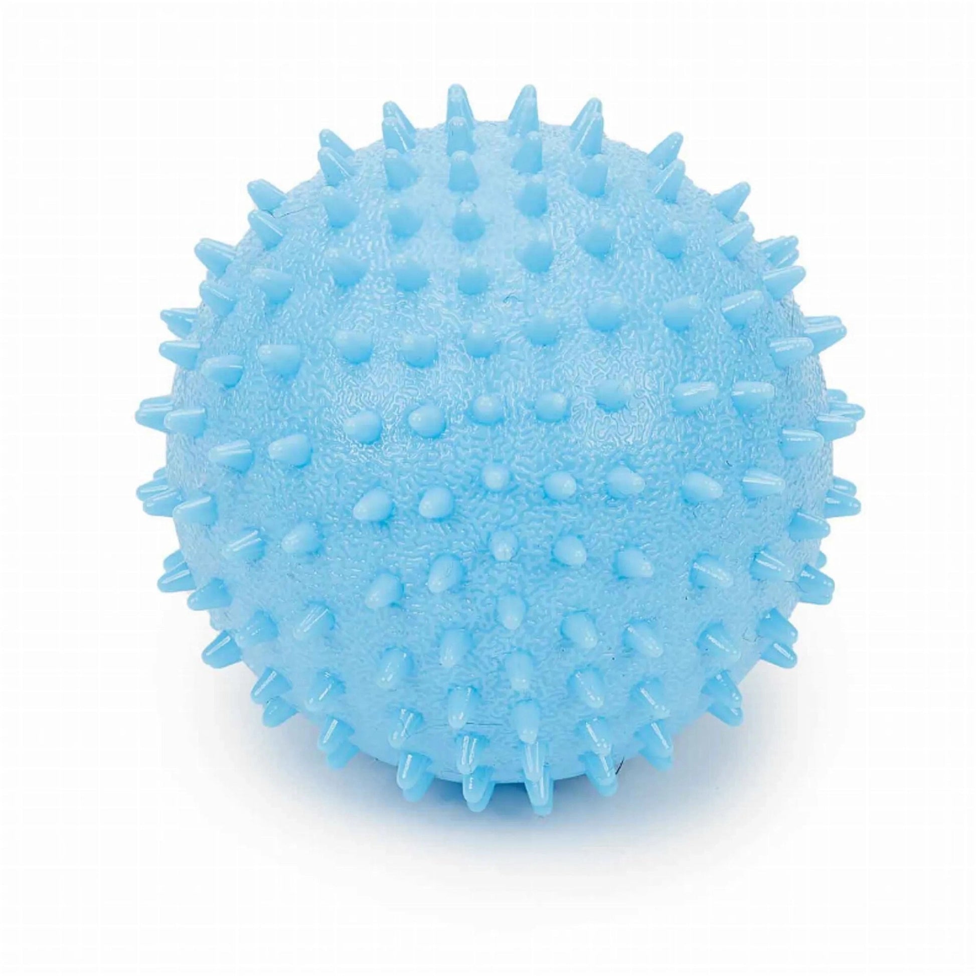 Light blue spiked TPR fetch ball with bell for dogs